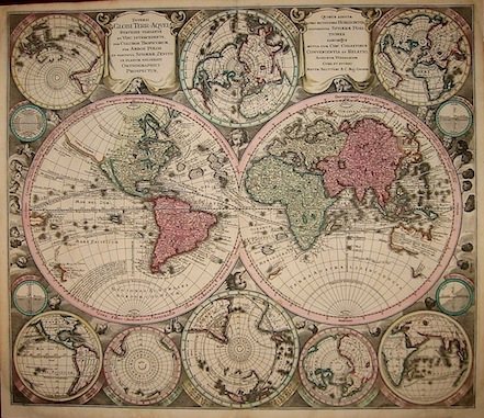 Seutter Matthaeus (1678-1757) Diversi Globi Terr-Aquei Statione Variante et Visu intercedente, per Coluros Tropicorum, per Ambos Polus et particul. Sphaerae Zenith in planum delineati Orthographici Prospectus... 1740 ca. Augsburg 
